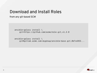 Download and Install Roles
13
from any git-based SCM
ansible-galaxy install 
git+https://github.com/acme/role.git,v1.2.0
ansible-galaxy install 
git@gitlab.acme.com:mygroup/ansible-base.git,0b7cd353...
 