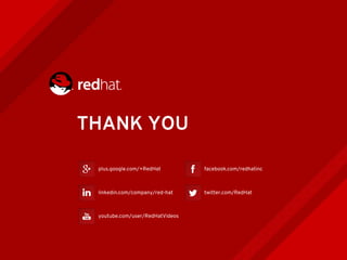THANK YOU
plus.google.com/+RedHat
linkedin.com/company/red-hat
youtube.com/user/RedHatVideos
facebook.com/redhatinc
twitter.com/RedHat
 