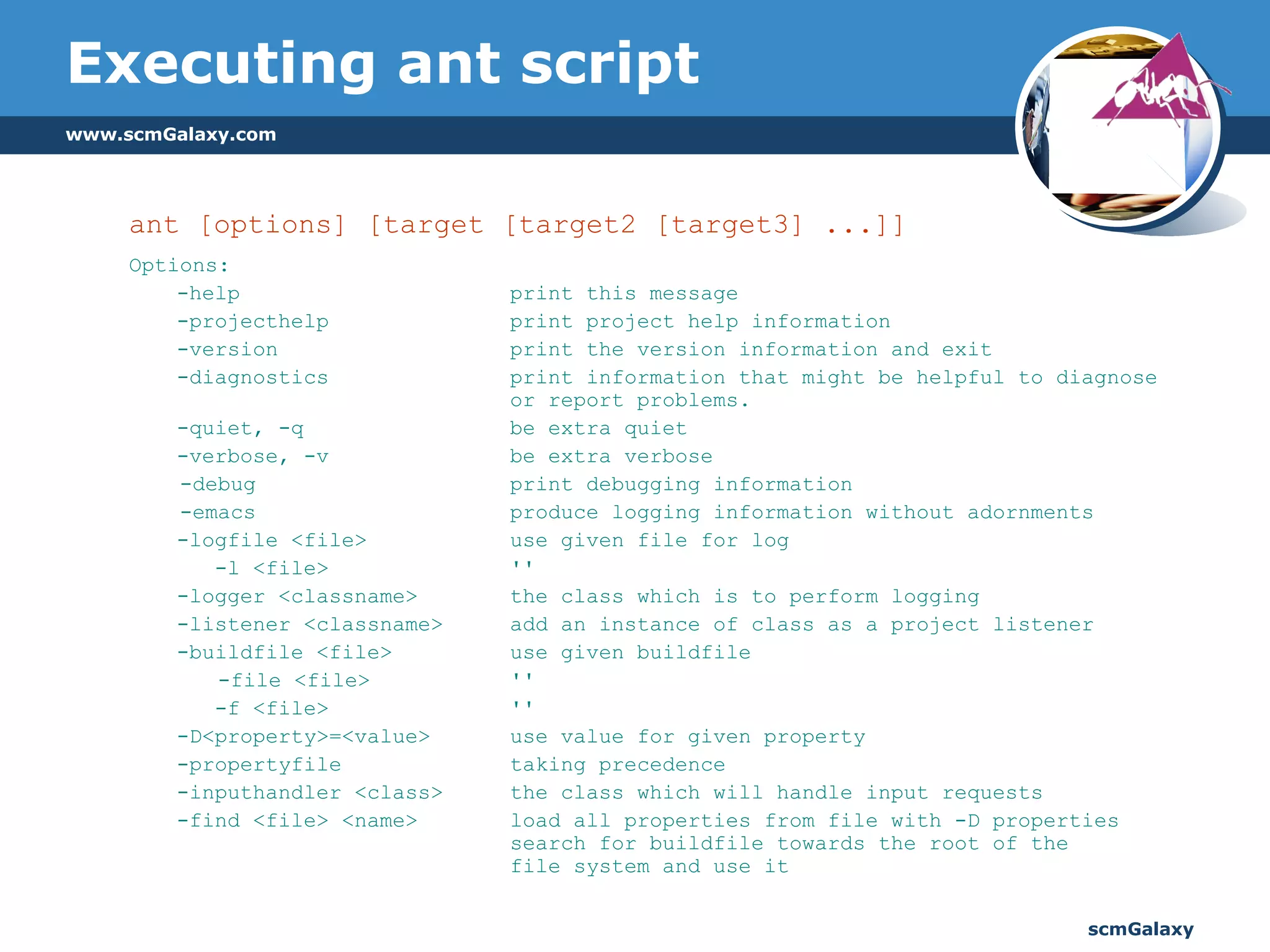 Executing ant script ant [options] [target [target2 [target3] ...]]  Options:  -help    print this message  -projecthelp  print project help information  -version  print the version information and exit  -diagnostics  print information that might be helpful to diagnose  or report problems.  -quiet, -q  be extra quiet  -verbose, -v  be extra verbose  -debug  print debugging information  -emacs  produce logging information without adornments  -logfile <file>  use given file for log    -l <file>  ''  -logger <classname>  the class which is to perform logging  -listener <classname>  add an instance of class as a project listener  -buildfile <file>  use given buildfile  -file <file>  ''    -f <file>  ''  -D<property>=<value>  use value for given property  -propertyfile  taking precedence  -inputhandler <class>  the class which will handle input requests  -find <file> <name>  load all properties from file with -D properties  search for buildfile towards the root of the  file system and use it  