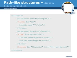 Path-like structures –   dirset, fileset,filelist <classpath> <pathelement path="${classpath}"/> < fileset  dir="lib"> <include name="**/*.jar"/> </fileset> <pathelement location="classes"/> < dirset  dir="${build.dir}"> <include name="apps/**/classes"/> <exclude name="apps/**/*Test*"/> </dirset> < filelist  dir="${src.dir}" files="foo.xml,bar.xml"/> </classpath> 