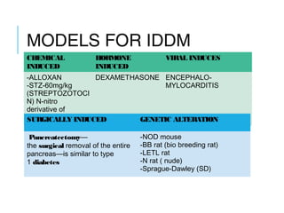 MODELS FOR IDDM
CHEMICAL
INDUCED
HORMONE
INDUCED
VIRAL INDUCES
-ALLOXAN
-STZ-60mg/kg
(STREPTOZOTOCI
N) N-nitro
derivative of
glucosamine)
DEXAMETHASONE ENCEPHALO-
MYLOCARDITIS
SURGICALLY INDUCED GENETIC ALTERATION
 Pancreatectomy—
the surgical removal of the entire
pancreas—is similar to type
1 diabetes
-NOD mouse
-BB rat (bio breeding rat)
-LETL rat
-N rat ( nude)
-Sprague-Dawley (SD)
 