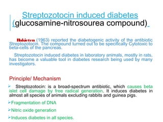 Streptozotocin induced diabetes
(glucosamine-nitrosourea compound)
Rakieten (1963) reported the diabetogenic activity of the antibiotic
Streptozotocin. The compound turned out to be specifically Cytotoxic to
beta-cells of the pancreas.
Streptozotocin induced diabetes in laboratory animals, mostly in rats,
has become a valuable tool in diabetes research being used by many
investigators.
Principle/ Mechanism
 Streptozotocin: is a broad-spectrum antibiotic, which causes beta
islet cell damage by free radical generation. It induces diabetes in
almost all species of animals excluding rabbits and guinea pigs.
Fragmentation of DNA
Nitric oxide generation
Induces diabetes in all species.
 