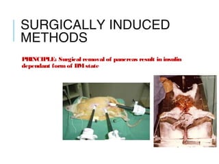 SURGICALLY INDUCED
METHODS
PRINCIPLE: Surgical removal of pancreas result in insulin
dependant form of DM state
 
