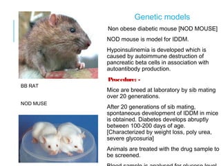 Genetic models
Non obese diabetic mouse [NOD MOUSE]
NOD mouse is model for IDDM.
Hypoinsulinemia is developed which is
caused by autoimmune destruction of
pancreatic beta cells in association with
autoantibody production.
Procedure: -
Mice are breed at laboratory by sib mating
over 20 generations.
After 20 generations of sib mating,
spontaneous development of IDDM in mice
is obtained. Diabetes develops abruptly
between 100-200 days of age.
[Characterized by weight loss, poly urea,
severe glycosuria]
Animals are treated with the drug sample to
be screened.
N
BB RAT
NOD MUSE
 