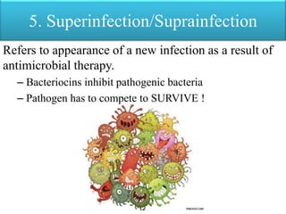 5. Superinfection/Suprainfection
Refers to appearance of a new infection as a result of
antimicrobial therapy.
– Bacteriocins inhibit pathogenic bacteria
– Pathogen has to compete to SURVIVE !
 