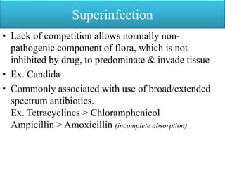 Superinfection
• Lack of competition allows normally non-
pathogenic component of flora, which is not
inhibited by drug, to predominate & invade tissue
• Ex. Candida
• Commonly associated with use of broad/extended
spectrum antibiotics.
Ex. Tetracyclines > Chloramphenicol
Ampicillin > Amoxicillin (incomplete absorption)
 