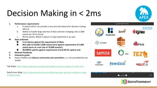 1. Performance requirements
a. A system which can provide a very very low latency for decision making
(40 ms)
b. Ability to handle large volumes of data and ever changing rules (1,000
events per 20 ms burst)
c. 99.5% uptime. Which is about 1.5 days downtime in an year
➔ Apex achieved:
◆ 2 ms latency against the requirement of 40ms
◆ Was able to handle 2,000 events burst against requirement of 1,000
events burst at a net rate of 70,000 events/s.
◆ 99.9995% uptime against requirement of and 99.5% uptime and
2. Relevant Roadmap
3. Enterprise grade
4. Have a healthy and diverse community and committers, i.e. not controlled by one
vendor
Talk Slides: http://www.slideshare.net/ilganeli/nextgen-decision-making-in-under-2ms
DataTorrent Blog: https://www.datatorrent.com/blog/next-gen-decision-making-in-under-
2-milliseconds/
Decision Making in < 2ms
 