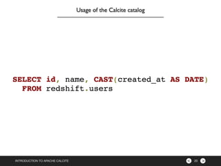 ><INTRODUCTION TO APACHE CALCITE 20
Usage of the Calcite catalog
 