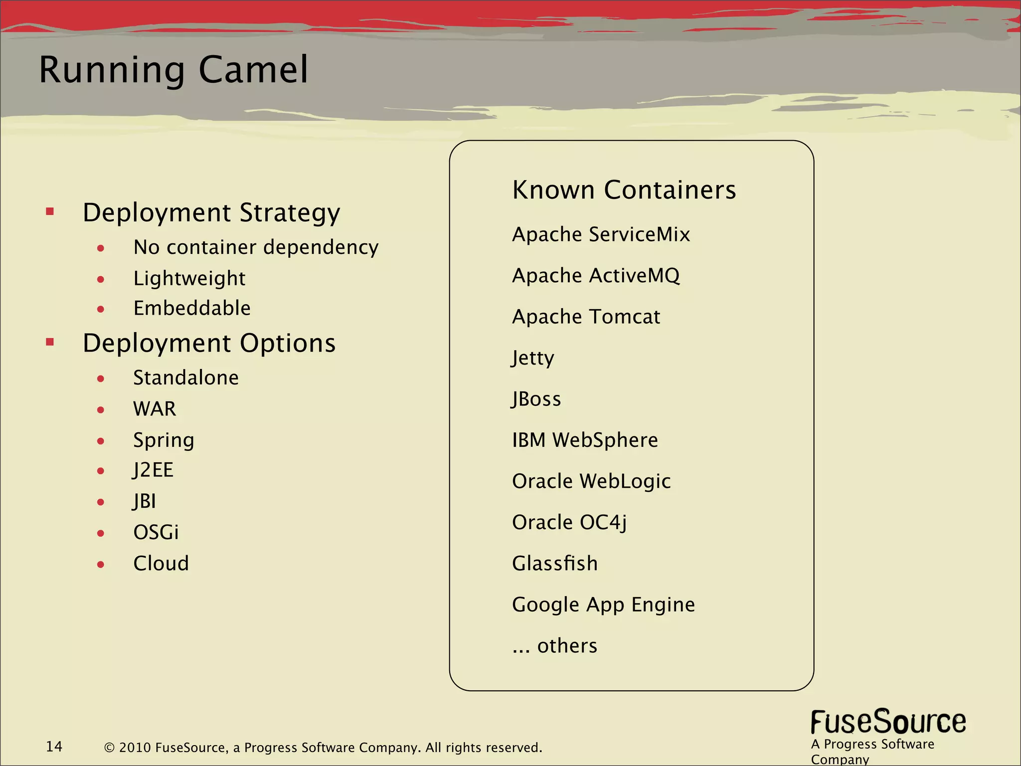 Running Camel


                                                                     Known Containers
    Deployment Strategy
                                                                     Apache ServiceMix
     •    No container dependency
     •    Lightweight                                                Apache ActiveMQ
     •    Embeddable                                                 Apache Tomcat
    Deployment Options                                              Jetty
     •    Standalone
                                                                     JBoss
     •    WAR
     •    Spring                                                     IBM WebSphere
     •    J2EE
                                                                     Oracle WebLogic
     •    JBI
                                                                     Oracle OC4j
     •    OSGi
     •    Cloud                                                      Glassﬁsh

                                                                     Google App Engine

                                                                     ... others



14    © 2010 FuseSource, a Progress Software Company. All rights reserved.               A Progress Software
                                                                                         Company
 