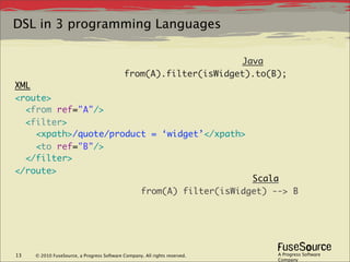 DSL in 3 programming Languages

                                                                   Java
                                             from(A).filter(isWidget).to(B);
XML
<route>
  <from ref="A"/>
  <filter>
    <xpath>/quote/product = ‘widget’</xpath>
    <to ref="B"/>
  </filter>
</route>
                                                                         Scala
                                                    from(A) filter(isWidget) --> B




13   © 2010 FuseSource, a Progress Software Company. All rights reserved.     A Progress Software
                                                                              Company
 