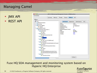 Managing Camel

 JMX API
 REST API




     Fuse HQ SOA management and monitoring system based on
                     Hyperic HQ Enterprise
16     © 2010 FuseSource, a Progress Software Company. All rights reserved.   A Progress Software
                                                                              Company
 