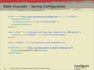 Rider Example - Spring Conﬁguration

     <broker xmlns="http://activemq.apache.org/schema/core" persistent="false">
           <transportConnectors>
              <transportConnectoruri="tcp://localhost:61616" />
           </transportConnectors>
     </broker>


     <bean id="jms" class="org.apache.activemq.camel.component.ActiveMQComponent">
             <property name="brokerURL" value="tcp://localhost:61616"/>
     </bean>


     <bean id="helper" class="org.fusesource.camel.OrderHelper"/>


     <camelContext xmlns="http://activemq.apache.org/camel/schema/spring">
           <package>org.fusesource.camel</package>
     </camelContext>
      




23       © 2010 FuseSource, a Progress Software Company. All rights reserved.   A Progress Software
                                                                                Company
 