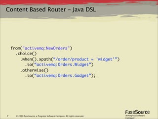 Content Based Router - Java DSL




    from("activemq:NewOrders")
      .choice()
        .when().xpath(“/order/product = 'widget'”)
          .to(“activemq:Orders.Widget”)
        .otherwise()
          .to(“activemq:Orders.Gadget”);




7     © 2010 FuseSource, a Progress Software Company. All rights reserved.   A Progress Software
                                                                             Company
 