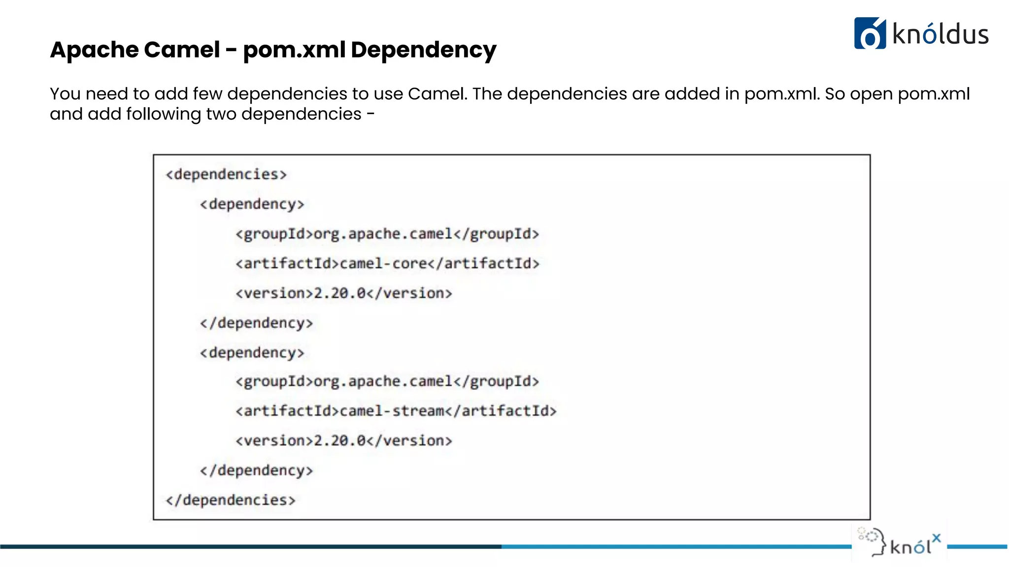 Apache Camel - pom.xml Dependency
You need to add few dependencies to use Camel. The dependencies are added in pom.xml. So open pom.xml
and add following two dependencies -
 
