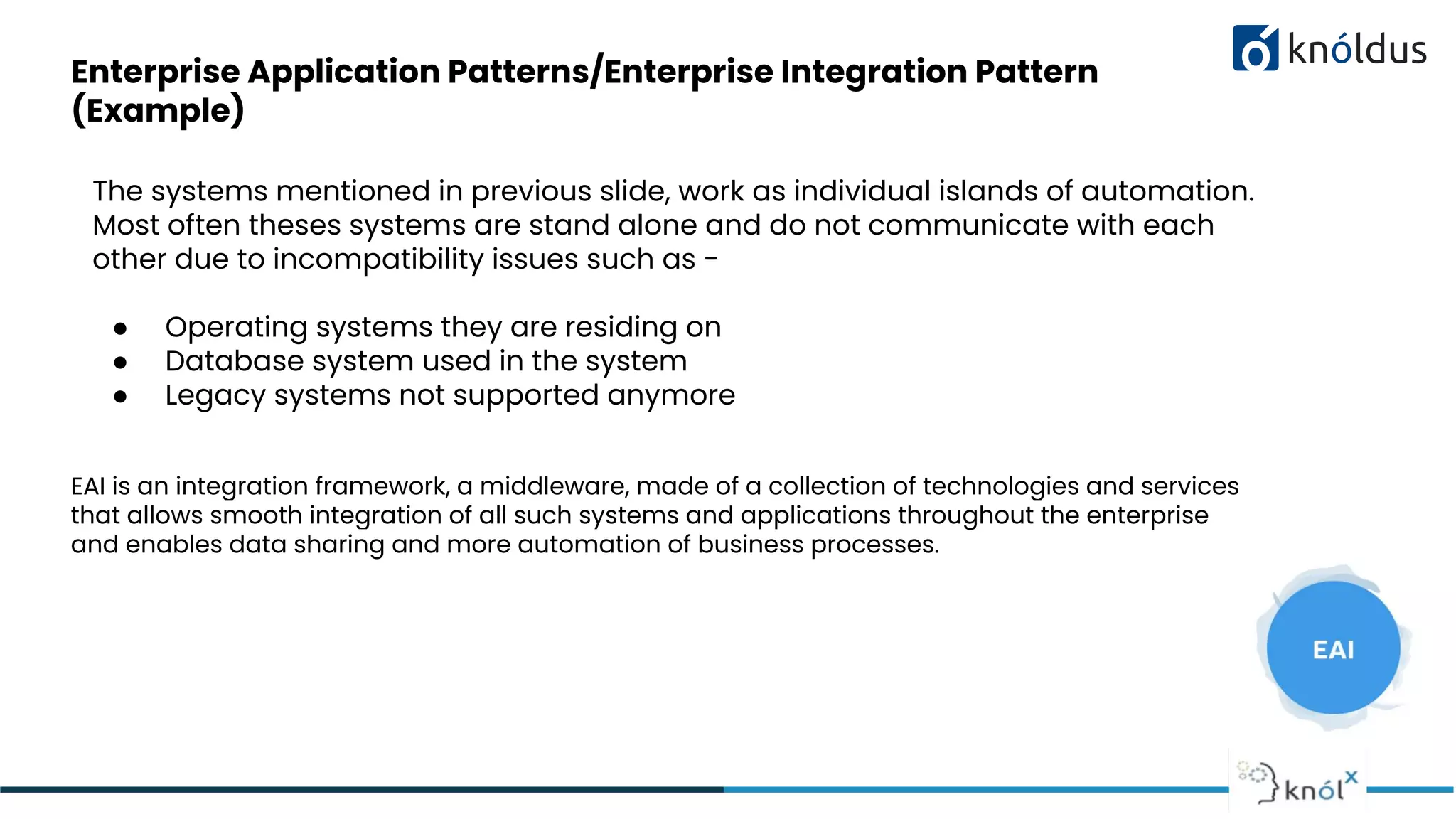 Enterprise Application Patterns/Enterprise Integration Pattern
(Example)
The systems mentioned in previous slide, work as individual islands of automation.
Most often theses systems are stand alone and do not communicate with each
other due to incompatibility issues such as -
● Operating systems they are residing on
● Database system used in the system
● Legacy systems not supported anymore
EAI is an integration framework, a middleware, made of a collection of technologies and services
that allows smooth integration of all such systems and applications throughout the enterprise
and enables data sharing and more automation of business processes.
 