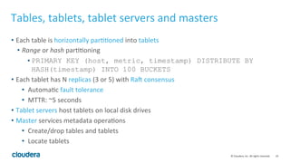 19	©	Cloudera,	Inc.	All	rights	reserved.	
Tables,	tablets,	tablet	servers	and	masters	
•  Each	table	is	horizontally	par==oned	into	tablets	
•  Range	or	hash	par==oning	
• PRIMARY KEY (host, metric, timestamp) DISTRIBUTE BY
HASH(timestamp) INTO 100 BUCKETS
•  Each	tablet	has	N	replicas	(3	or	5)	with	Ray	consensus	
•  Automa=c	fault	tolerance	
•  MTTR:	~5	seconds	
•  Tablet	servers	host	tablets	on	local	disk	drives	
•  Master	services	metadata	opera=ons	
•  Create/drop	tables	and	tablets	
•  Locate	tablets	
 