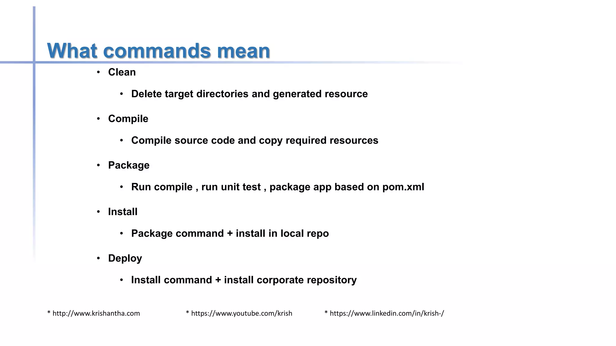 * http://www.krishantha.com * https://www.youtube.com/krish * https://www.linkedin.com/in/krish-/
What commands mean
• Clean
• Delete target directories and generated resource
• Compile
• Compile source code and copy required resources
• Package
• Run compile , run unit test , package app based on pom.xml
• Install
• Package command + install in local repo
• Deploy
• Install command + install corporate repository
 