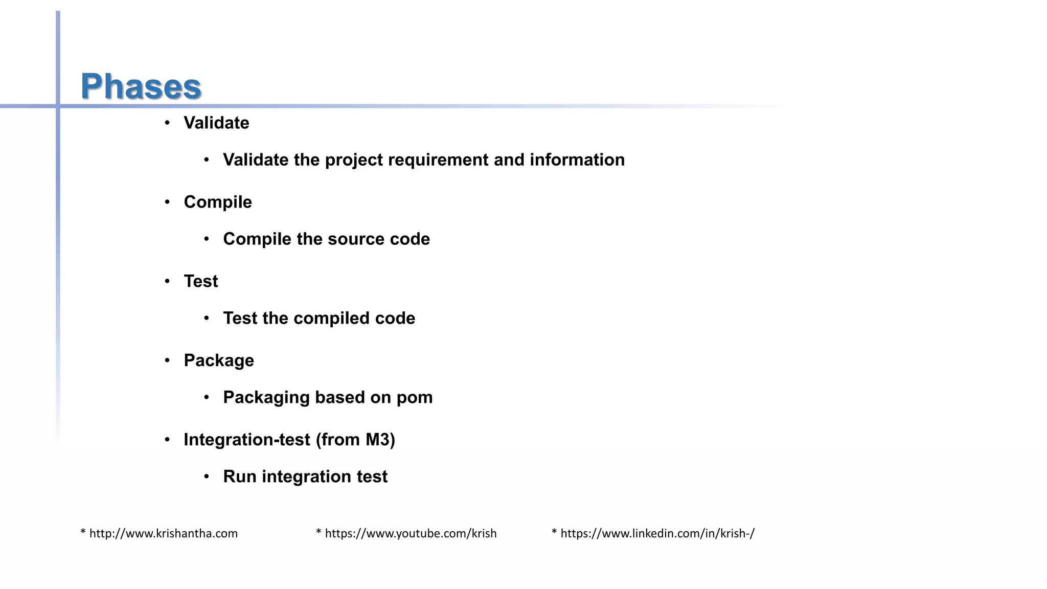 * http://www.krishantha.com * https://www.youtube.com/krish * https://www.linkedin.com/in/krish-/
Phases
• Validate
• Validate the project requirement and information
• Compile
• Compile the source code
• Test
• Test the compiled code
• Package
• Packaging based on pom
• Integration-test (from M3)
• Run integration test
 