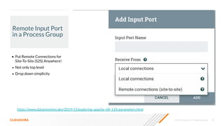 © 2019 Cloudera, Inc. All rights reserved. 20
Remote Input Port
in a Process Group
• Put Remote Connections for
Site-To-Site (S2S) Anywhere!
• Not only top level
• Drop down simplicity
https://www.datainmotion.dev/2019/11/exploring-apache-niﬁ-110-parameters.html
 