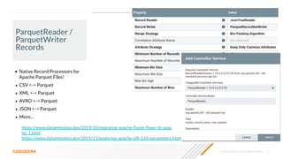 © 2020 Cloudera, Inc. All rights reserved. 17
ParquetReader /
ParquetWriter
Records
• Native Record Processors for
Apache Parquet Files!
• CSV <-> Parquet
• XML <-> Parquet
• AVRO <-> Parquet
• JSON <-> Parquet
• More...
https://www.datainmotion.dev/2019/11/exploring-apache-niﬁ-110-parameters.html
https://www.datainmotion.dev/2019/10/migrating-apache-ﬂume-ﬂows-to-apac
he_7.html
 