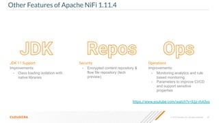 © 2019 Cloudera, Inc. All rights reserved. 23
Other Features of Apache NiFi 1.11.4
JDK 11 Support
Improvements:
- Class loading isolation with
native libraries
Security
- Encrypted content repository &
flow file repository (tech
preview)
Operations
Improvements:
- Monitoring analytics and rule
based monitoring
- Parameters to improve CI/CD
and support sensitive
properties
https://www.youtube.com/watch?v=IUjz-rhA3xs
 