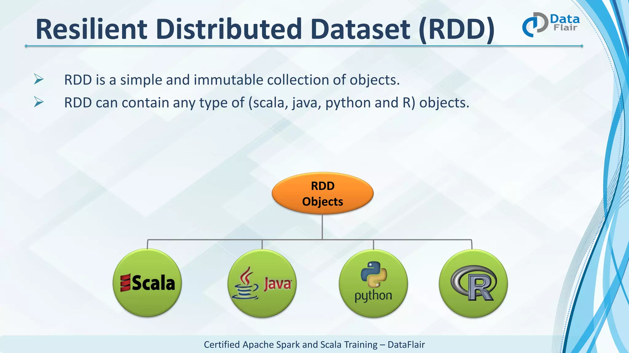 Certified Apache Spark and Scala Training – DataFlair
Resilient Distributed Dataset (RDD)
 RDD is a simple and immutable collection of objects.
 RDD can contain any type of (scala, java, python and R) objects.
RDD
Objects
 