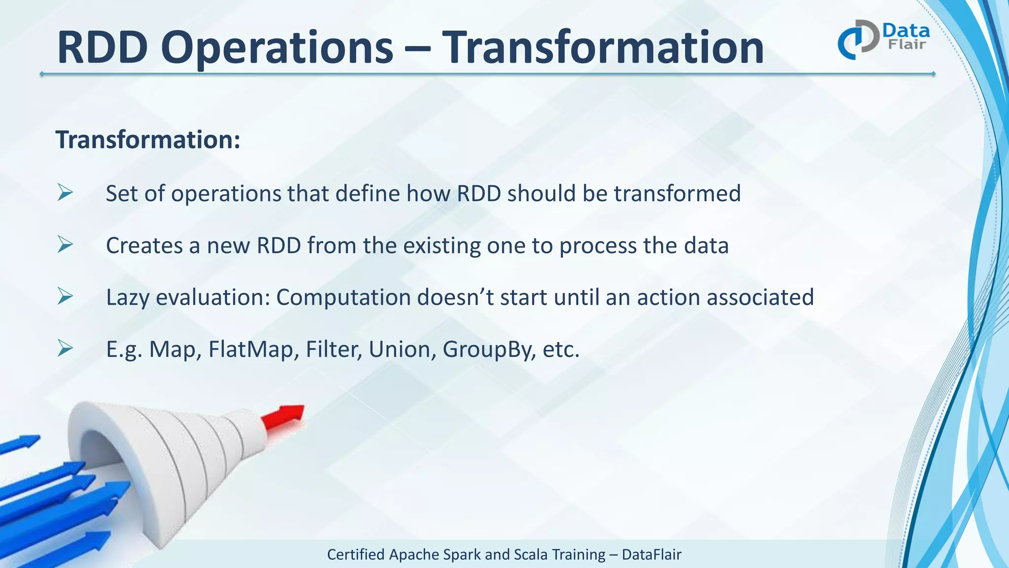 Certified Apache Spark and Scala Training – DataFlair
RDD Operations – Transformation
Transformation:
 Set of operations that define how RDD should be transformed
 Creates a new RDD from the existing one to process the data
 Lazy evaluation: Computation doesn’t start until an action associated
 E.g. Map, FlatMap, Filter, Union, GroupBy, etc.
 