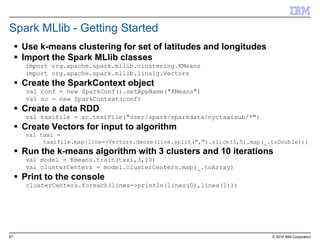 57 © 2015 IBM Corporation
Spark MLlib - Getting Started
 Use k-means clustering for set of latitudes and longitudes
 Import the Spark MLlib classes
import org.apache.spark.mllib.clustering.KMeans
import org.apache.spark.mllib.linalg.Vectors
 Create the SparkContext object
val conf = new SparkConf().setAppName("KMeans")
val sc = new SparkContext(conf)
 Create a data RDD
val taxifile = sc.textFile("user/spark/sparkdata/nyctaxisub/*")
 Create Vectors for input to algorithm
val taxi =
taxifile.map{line=>Vectors.dense(line.split(",").slice(3,5).map(_.toDouble))}
 Run the k-means algorithm with 3 clusters and 10 iterations
val model = Kmeans.train(taxi,3,10)
val clusterCenters = model.clusterCenters.map(_.toArray)
 Print to the console
clusterCenters.foreach(lines=>println(lines(0),lines(1)))
 
