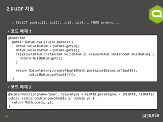 14
2.6 UDF 지원
> SELECT pow(col1, col2), col3, col4, … FROM orders, …
@Override
public Datum eval(Tuple params) {
Datum value1Datum = params.get(0);
Datum value2Datum = params.get(1);
if(value1Datum instanceof NullDatum || value2Datum instanceof NullDatum) {
return NullDatum.get();
}
return DatumFactory.createFloat8(Math.pow(value1Datum.asFloat8(),
value2Datum.asFloat8()));
}
@ScalarFunction(name="pow", returnType = FLOAT8,paramTypes = {FLOAT8, FLOAT8})
public static double pow(double x, double y) {
return Math.pow(x, y);
}
• 코드 예제 1
• 코드 예제 2
 
