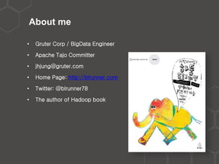 About me
• Gruter Corp / BigData Engineer
• Apache Tajo Committer
• jhjung@gruter.com
• Home Page: http://blrunner.com
• Twitter: @blrunner78
• The author of Hadoop book
 
