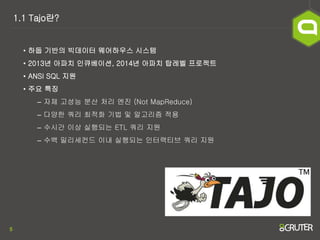 5
1.1 Tajo란?
• 하둡 기반의 빅데이터 웨어하우스 시스템
• 2013년 아파치 인큐베이션, 2014년 아파치 탑레벨 프로젝트
• ANSI SQL 지원
• 주요 특징
– 자체 고성능 분산 처리 엔진 (Not MapReduce)
– 다양한 쿼리 최적화 기법 및 알고리즘 적용
– 수시간 이상 실행되는 ETL 쿼리 지원
– 수백 밀리세컨드 이내 실행되는 인터랙티브 쿼리 지원
 