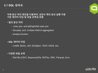 9
2.1 SQL 성숙도
자체 분산 처리 엔진을 이용하여, 상당수 쿼리 분산 실행 지원
기존 데이터 타입 및 파일 포맷과 호환
• 질의 분산 처리
- Inner join, and left/right/full outer join
- Groupby, sort, multiple distinct aggregation
- window function
• SQL 데이터 타입
- CHAR, BOOL, INT, DOUBLE, TEXT, DATE, Etc
• 다양한 파일 포맷
- Text file (CSV), SequenceFile, RCFile, ORC, Parquet, Avro
 