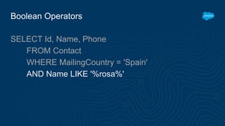 Boolean Operators
SELECT Id, Name, Phone
FROM Contact
WHERE MailingCountry = 'Spain'
AND Name LIKE '%rosa%'
 