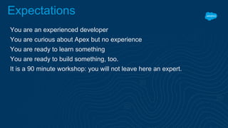 Expectations
You are an experienced developer
You are curious about Apex but no experience
You are ready to learn something
You are ready to build something, too.
It is a 90 minute workshop: you will not leave here an expert.
 