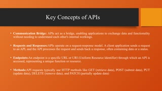 Key Concepts of APIs
• Communication Bridge: APIs act as a bridge, enabling applications to exchange data and functionality
without needing to understand each other's internal workings.
• Requests and Responses:APIs operate on a request-response model. A client application sends a request
to an API, and the API processes the request and sends back a response, often containing data or a status.
• Endpoints:An endpoint is a specific URL or URI (Uniform Resource Identifier) through which an API is
accessed, representing a unique function or resource.
• Methods:API requests typically use HTTP methods like GET (retrieve data), POST (submit data), PUT
(update data), DELETE (remove data), and PATCH (partially update data)
 