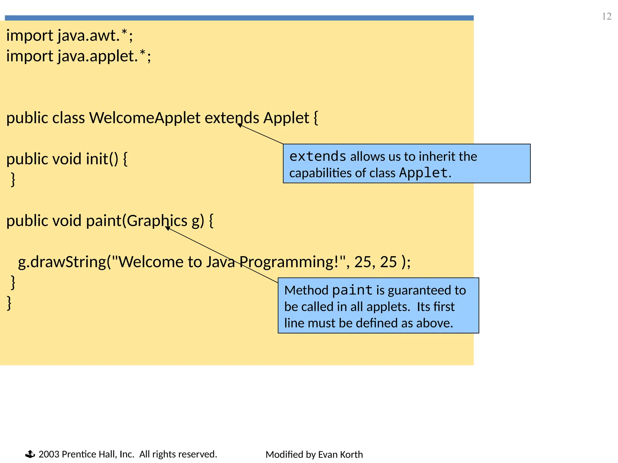 12
import java.awt.*;
import java.applet.*;
public class WelcomeApplet extends Applet {
public void init() {
}
public void paint(Graphics g) {
g.drawString("Welcome to Java Programming!", 25, 25 );
}
}
extends allows us to inherit the
capabilities of class Applet.
Method paint is guaranteed to
be called in all applets. Its first
line must be defined as above.
 2003 Prentice Hall, Inc. All rights reserved. Modified by Evan Korth
 