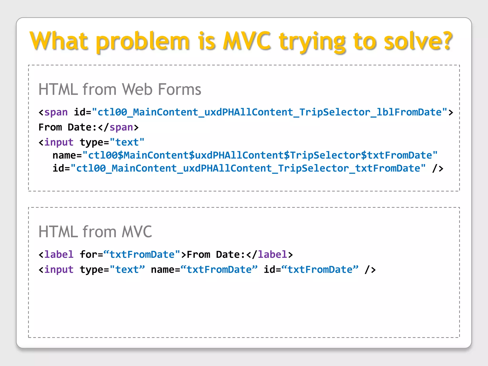 What problem is MVC trying to solve?HTML from Web Forms<span id="ctl00_MainContent_uxdPHAllContent_TripSelector_lblFromDate">From Date:</span><input type="text" name="ctl00$MainContent$uxdPHAllContent$TripSelector$txtFromDate" id="ctl00_MainContent_uxdPHAllContent_TripSelector_txtFromDate" />HTML from MVC<label for=“txtFromDate">From Date:</label><input type="text” name=“txtFromDate” id=“txtFromDate” /> 