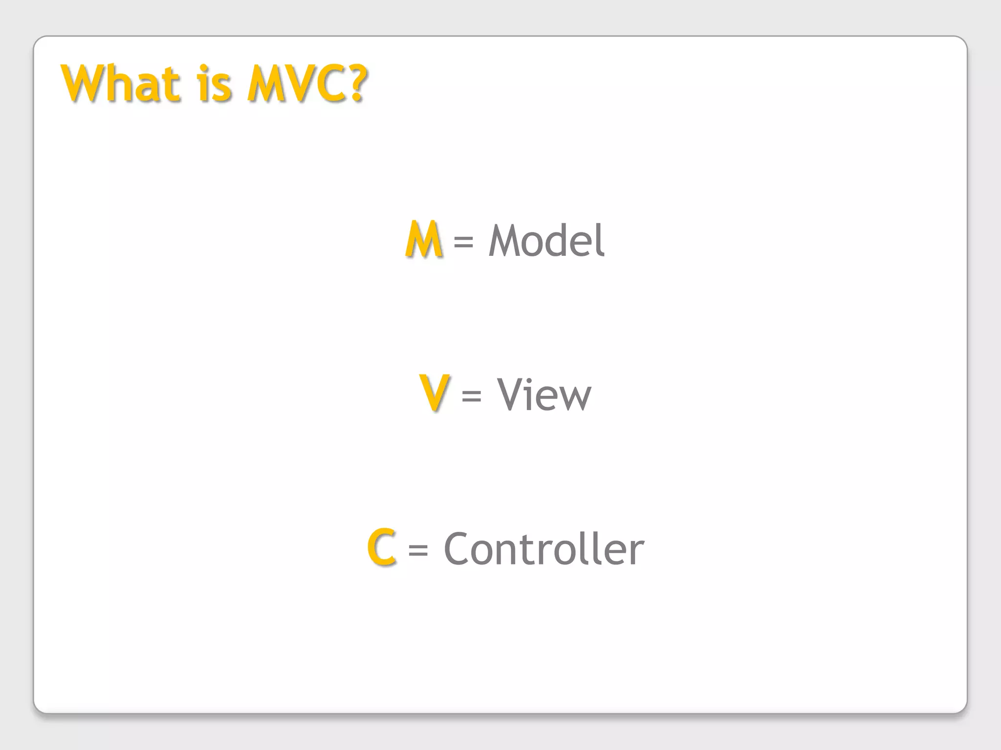 What is MVC? M= ModelV= ViewC= Controller