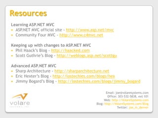 Advanced Topics?  Future Lab?Best practices with MVC (View Models versus Domain Models, Application Services)Using IOC Containers with MVC and Controller FactoriesMocking of HttpContextBase, HttpResponseBase, HttpRequestBaseUsing ELMAH for error handling in MVCAJAX and REST/JSON requests with MVCMVC 2 new stuff