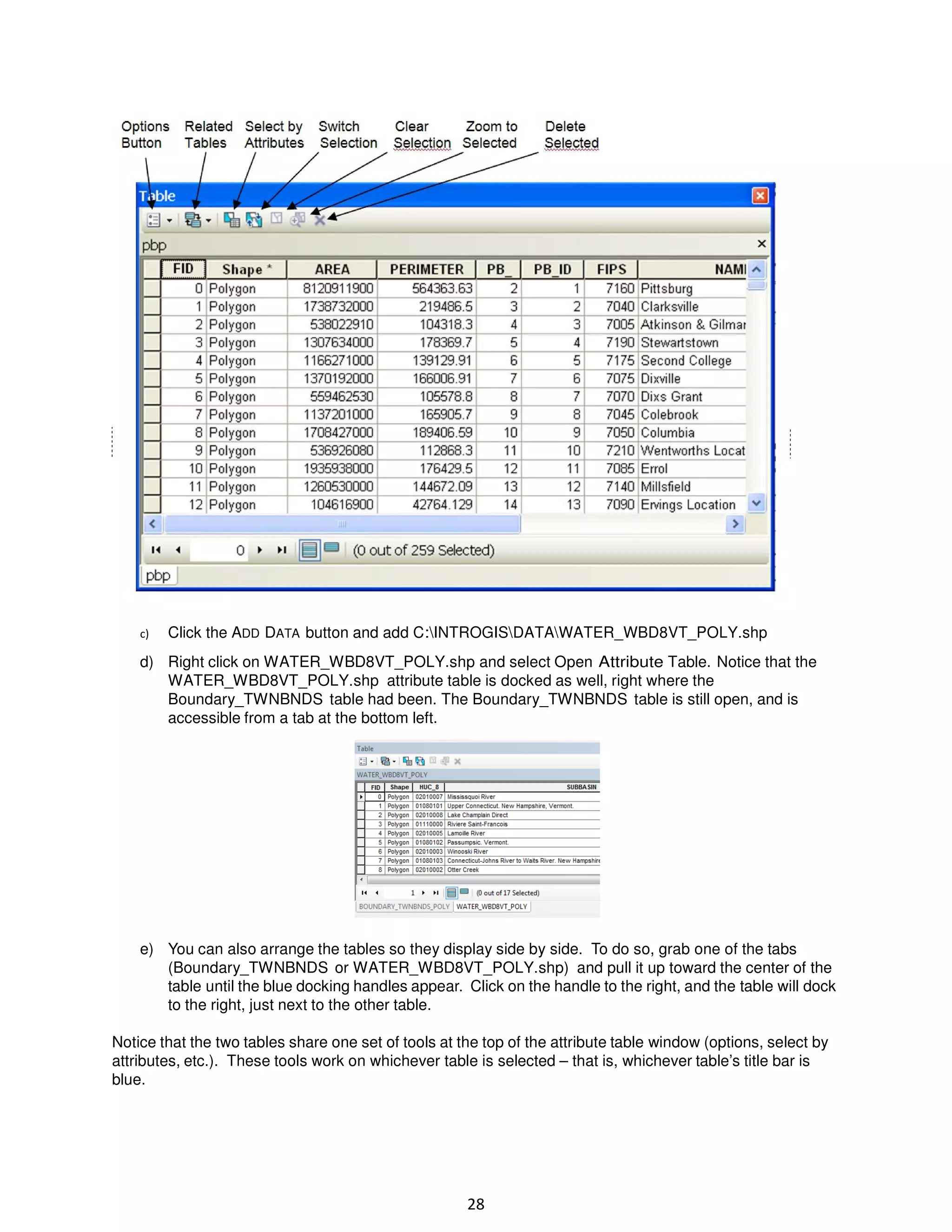 c)

Click the ADD DATA button and add C:INTROGISDATAWATER_WBD8VT_POLY.shp

d) Right click on WATER_WBD8VT_POLY.shp and select Open Attribute Table. Notice that the
WATER_WBD8VT_POLY.shp attribute table is docked as well, right where the
Boundary_TWNBNDS table had been. The Boundary_TWNBNDS table is still open, and is
accessible from a tab at the bottom left.

e) You can also arrange the tables so they display side by side. To do so, grab one of the tabs
(Boundary_TWNBNDS or WATER_WBD8VT_POLY.shp) and pull it up toward the center of the
table until the blue docking handles appear. Click on the handle to the right, and the table will dock
to the right, just next to the other table.
Notice that the two tables share one set of tools at the top of the attribute table window (options, select by
attributes, etc.). These tools work on whichever table is selected – that is, whichever table’s title bar is
blue.

28

 