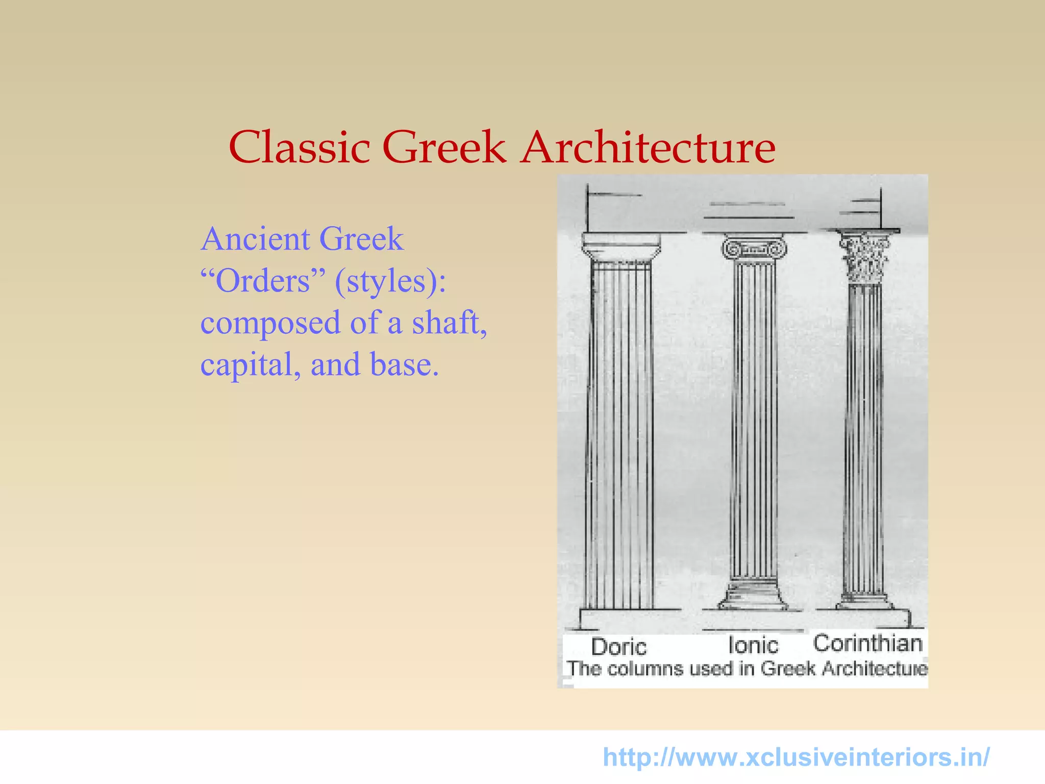 Classic Greek Architecture
Ancient Greek
“Orders” (styles):
composed of a shaft,
capital, and base.
http://www.xclusiveinteriors.in/
 