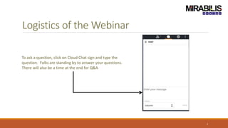 Logistics of the Webinar
2
To ask a question, click on Cloud Chat sign and type the
question. Folks are standing by to answer your questions.
There will also be a time at the end for Q&A
 