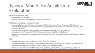 Types of Model- For Architecture
Exploration
Mission or Network level
◦ Flow model- xOn_xOff.xml
◦ Network- demo/networking folder or demo/automotive
Full System including boards and boxes
◦ Embedded System- demo/System_Architecture/Video_Processing/Video_Processing_Model2.xml,
demo/System_Architecture/software_Radar_System/Large_Radar_System.xml. Demo/Bus_Std/PCI_Rad/
PCI_RAD_Demo.xml
◦ Software:demo/software_devl/software_methodology/Software_tasks_w_Power.xml,
demo/automotive/Autosar/AUTOSAR_Scheduler/Autosar_Model4a_noCCode.xml
◦ Evaluating software code- demo/automotive/Autosar/AUTOSAR_Scheduler/Autosar_Model4a.xml (Requires
compile)
SoC
◦ Hardware+Software- early exploration- Multi_Core_Soc_V43.xml
◦ Hardware+Software partitioning- Timing approximate- demo/partitioning/SoC/Power_Perf_Example.xml
◦ Hardware-software-cycle-accurate- CMN600_with_DDR5_DynamicRT.xml
◦ Individual component- Bus and Memory-demo/complex_system/Multi_AXI_to_Memory_Access.xml
 