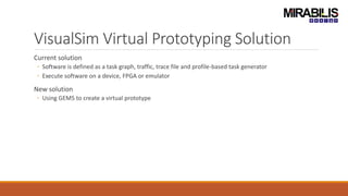 VisualSim Virtual Prototyping Solution
Current solution
◦ Software is defined as a task graph, traffic, trace file and profile-based task generator
◦ Execute software on a device, FPGA or emulator
New solution
◦ Using GEM5 to create a virtual prototype
 