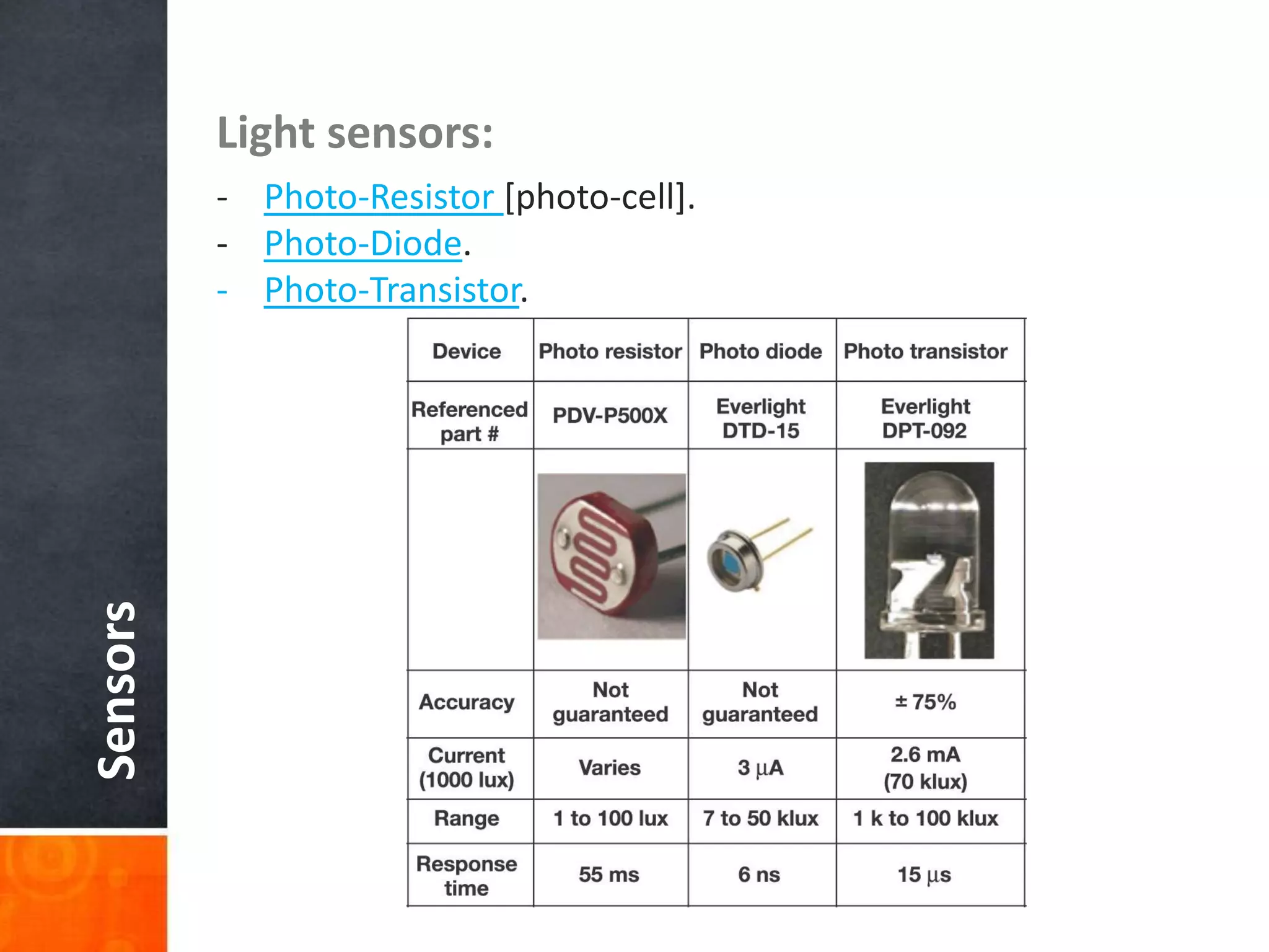 Sensors Light sensors:
- Photo-Resistor [photo-cell].
- Photo-Diode.
- Photo-Transistor.
 