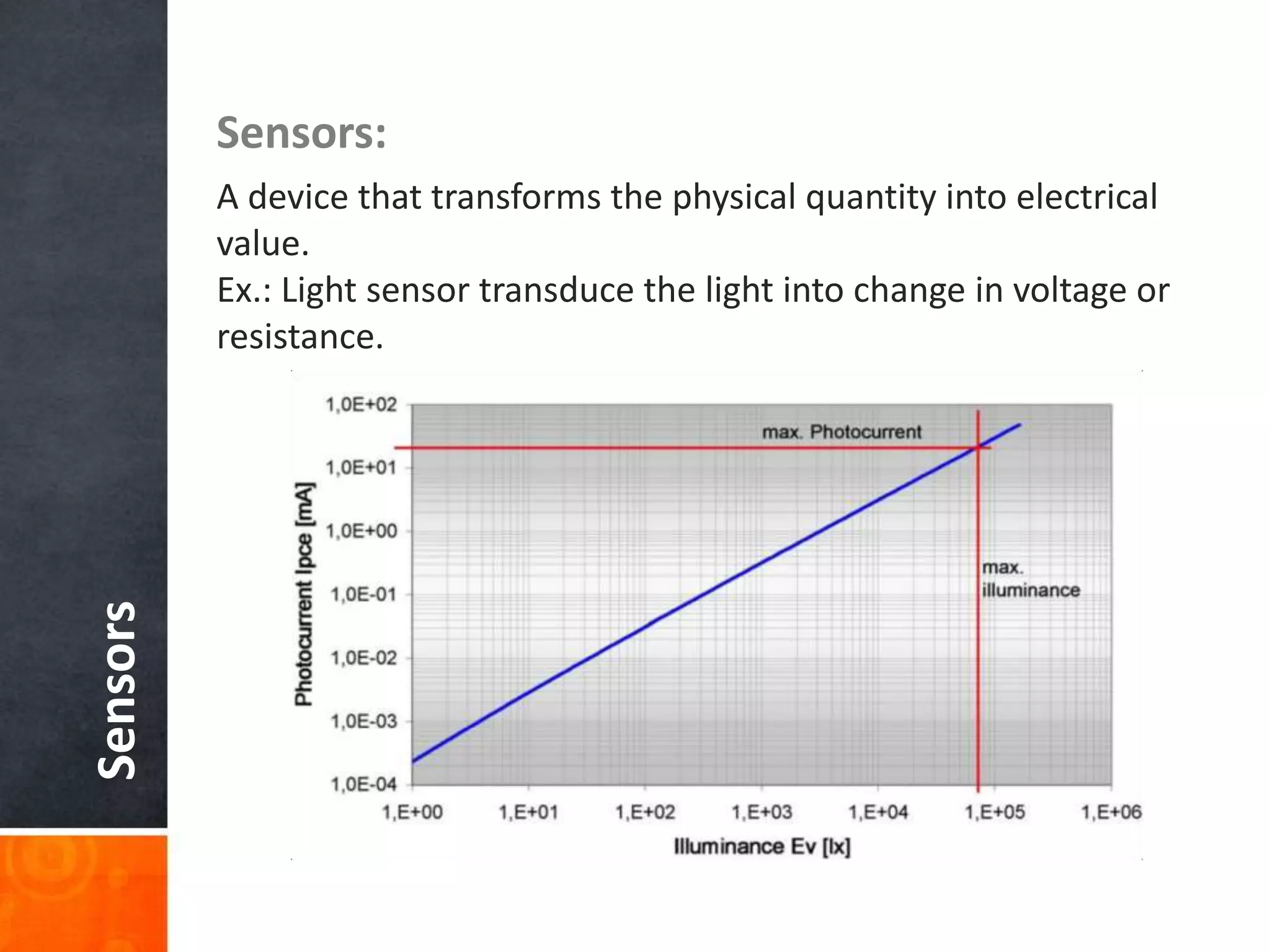 Sensors Sensors:
A device that transforms the physical quantity into electrical
value.
Ex.: Light sensor transduce the light into change in voltage or
resistance.
 