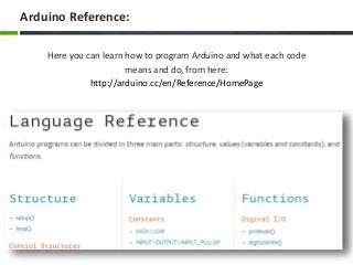 Here you can learn how to program Arduino and what each code
means and do, from here:
http://arduino.cc/en/Reference/HomePage
Arduino Reference:
 