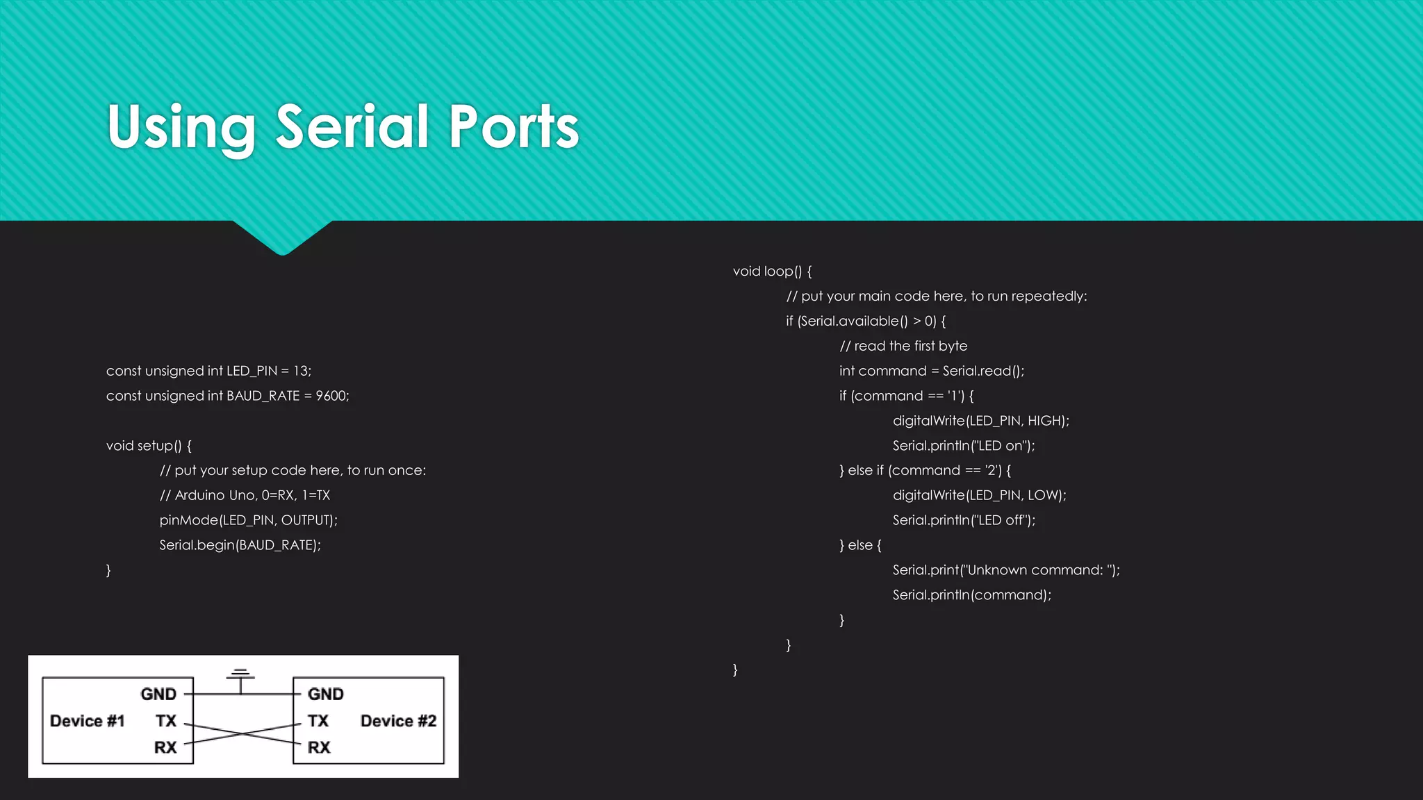 Using Serial Ports
const unsigned int LED_PIN = 13;
const unsigned int BAUD_RATE = 9600;
void setup() {
// put your setup code here, to run once:
// Arduino Uno, 0=RX, 1=TX
pinMode(LED_PIN, OUTPUT);
Serial.begin(BAUD_RATE);
}
void loop() {
// put your main code here, to run repeatedly:
if (Serial.available() > 0) {
// read the first byte
int command = Serial.read();
if (command == '1') {
digitalWrite(LED_PIN, HIGH);
Serial.println("LED on");
} else if (command == '2') {
digitalWrite(LED_PIN, LOW);
Serial.println("LED off");
} else {
Serial.print("Unknown command: ");
Serial.println(command);
}
}
}
 
