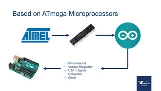 Based on ATmega Microprocessors
• Pin Breakout
• Voltage Regulator
• USB – Serial
Converter
• Clock
 
