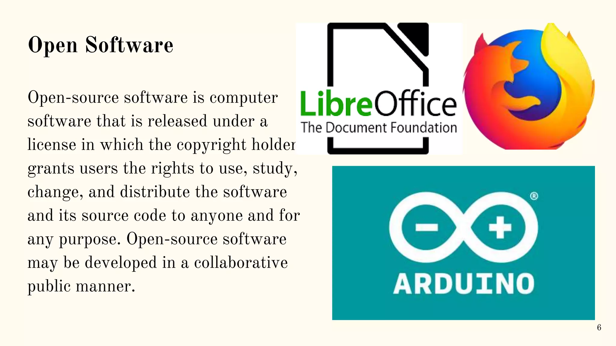 Open Software Open-source software is computer software that is released under a license in which the copyright holder grants users the rights to use, study, change, and distribute the software and its source code to anyone and for any purpose. Open-source software may be developed in a collaborative public manner. 6 